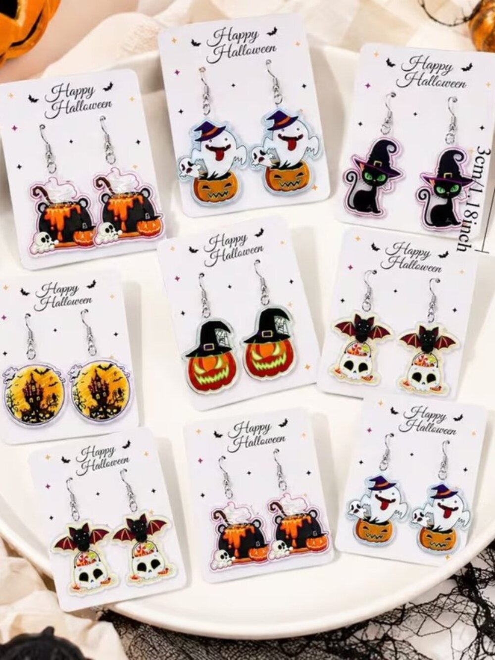 9-Pair Set of Vibrant Punk Goth Halloween Acrylic Earrings for Women Bats & Cats